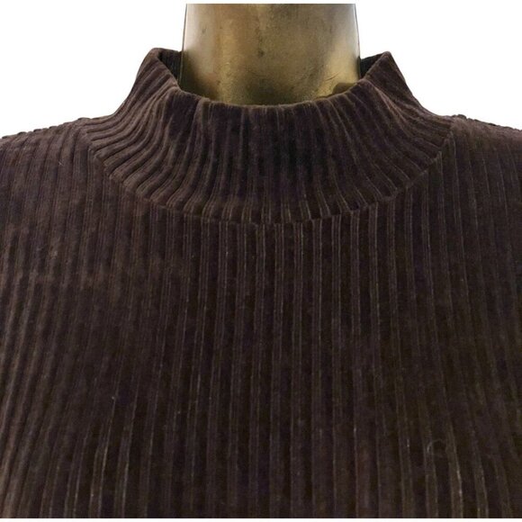 Y2K Velvet Corduroy Mini Dress M Ribbed Mock Neck Long Sleeves Wide Wale Neutral - Picture 2 of 7